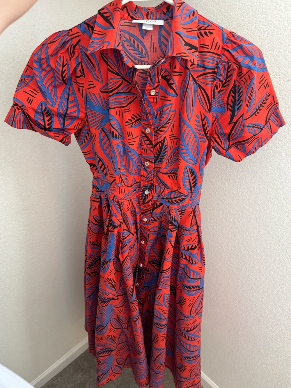 Alexis Red Shirt Dress with Blue and Black Leaf Print